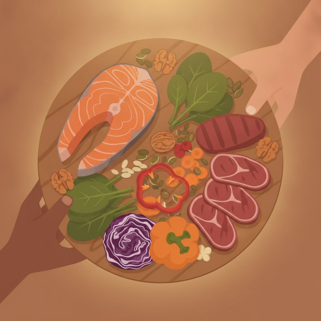 Две руки тянутся к продуктам, богатым антиоксидантами и цинком