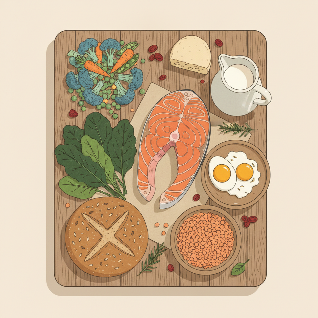 Продукты богатые витаминами: рыба, яйца, зелень, молочные продукты, крупы