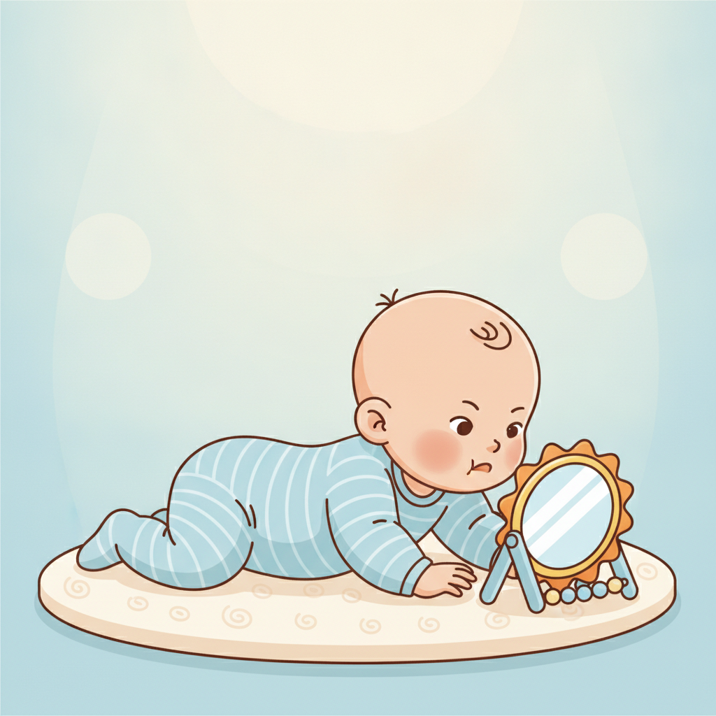 Младенец на животе поднимает голову, рассматривая игрушку