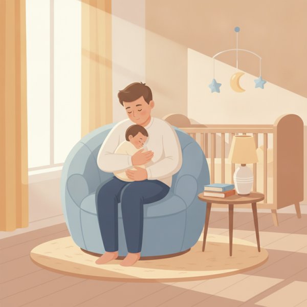 Родитель нежно держит спящего малыша в уютной комнате с мягким освещением